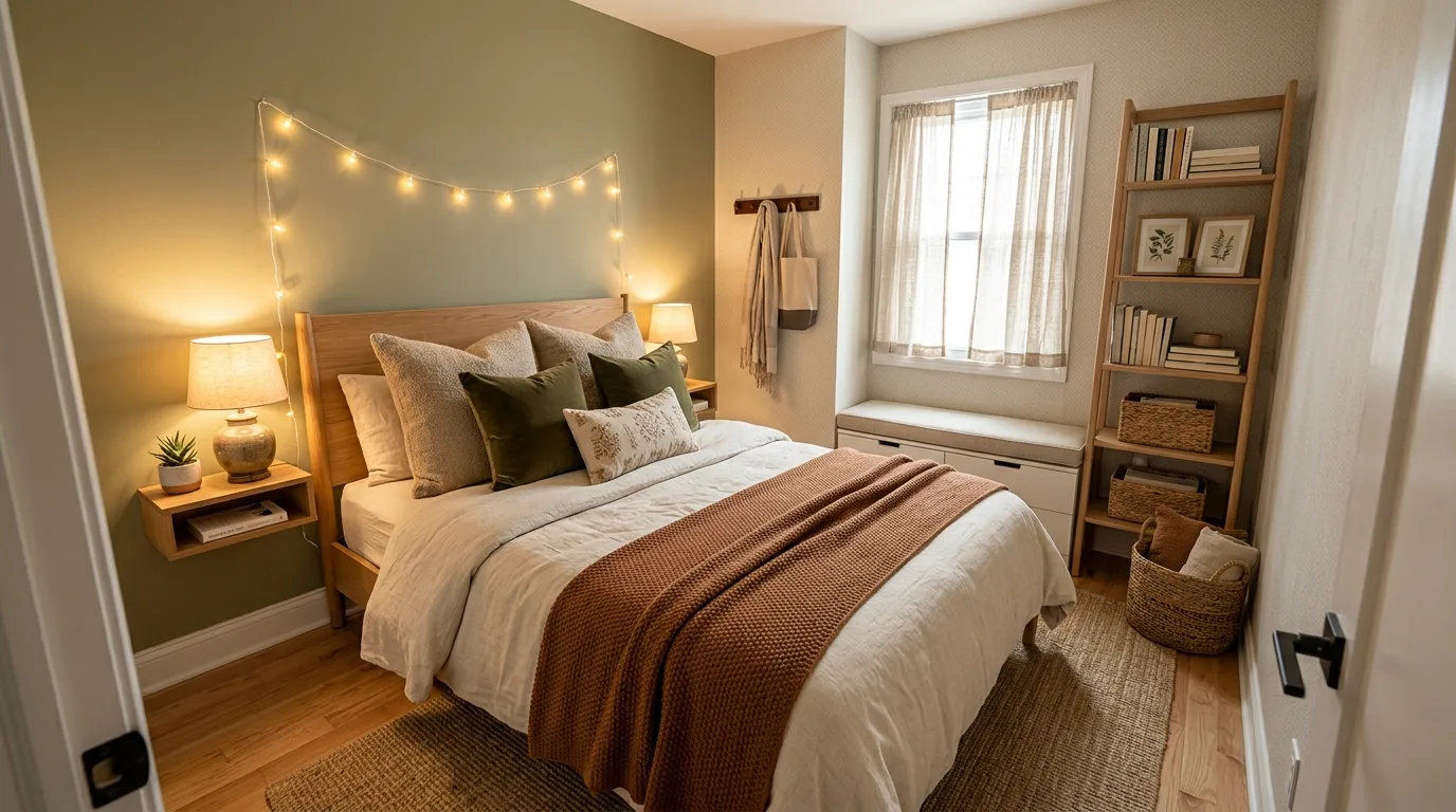 Hide everyday clutter before adding decor inspiration for a small bedroom.